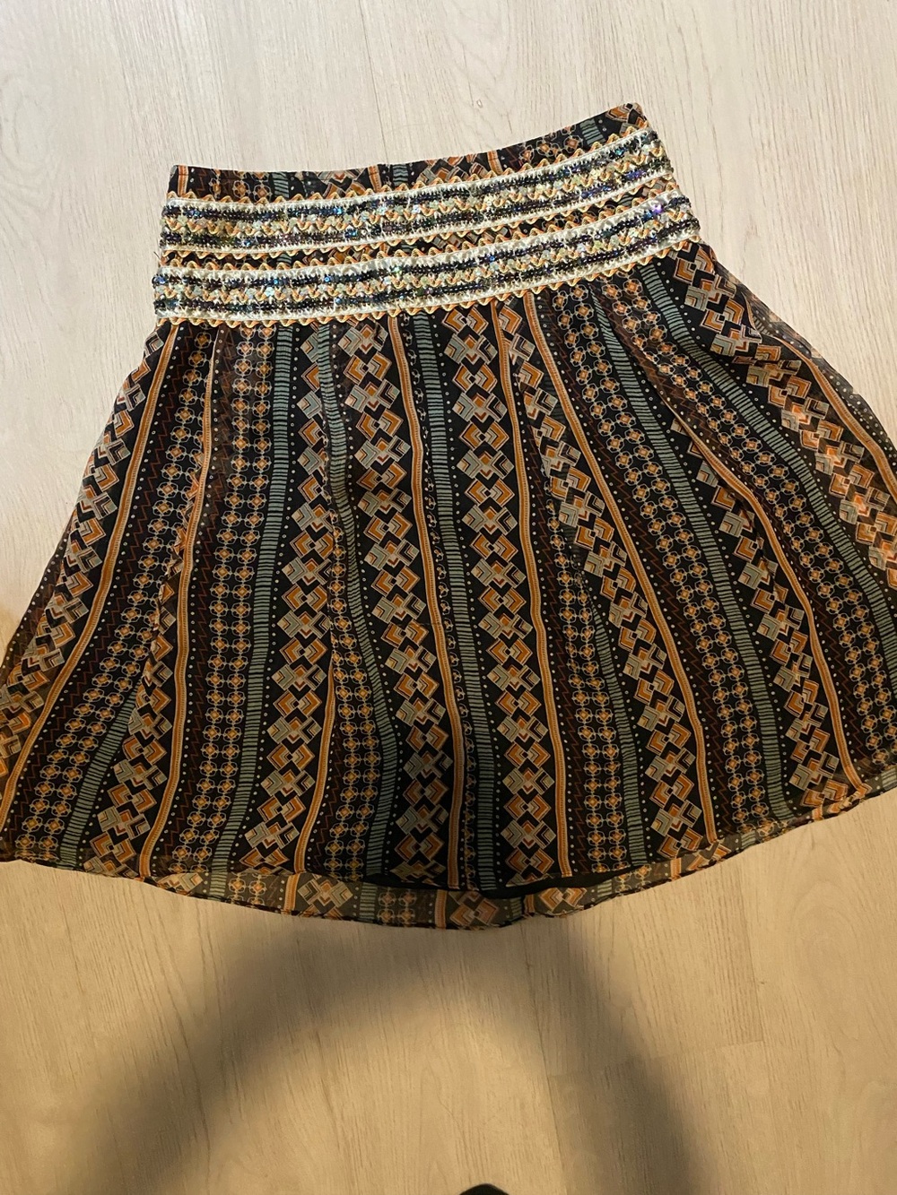 Free Peoples”Boho Metal Beaded/Sequined wide Waist Stripe pattern midi skirt